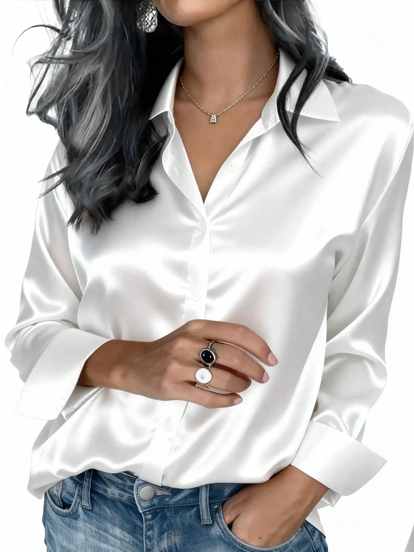 Women's Satin Button-Up Blouse, Elegant Collared Shirt