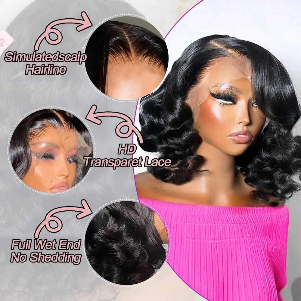 13x6 Glueless HD Lace Front Wig Body Wave Brazilian Human Hair
 Pre Cut Lace Short Bob Pre Plucked For Black Women Ready To Wear