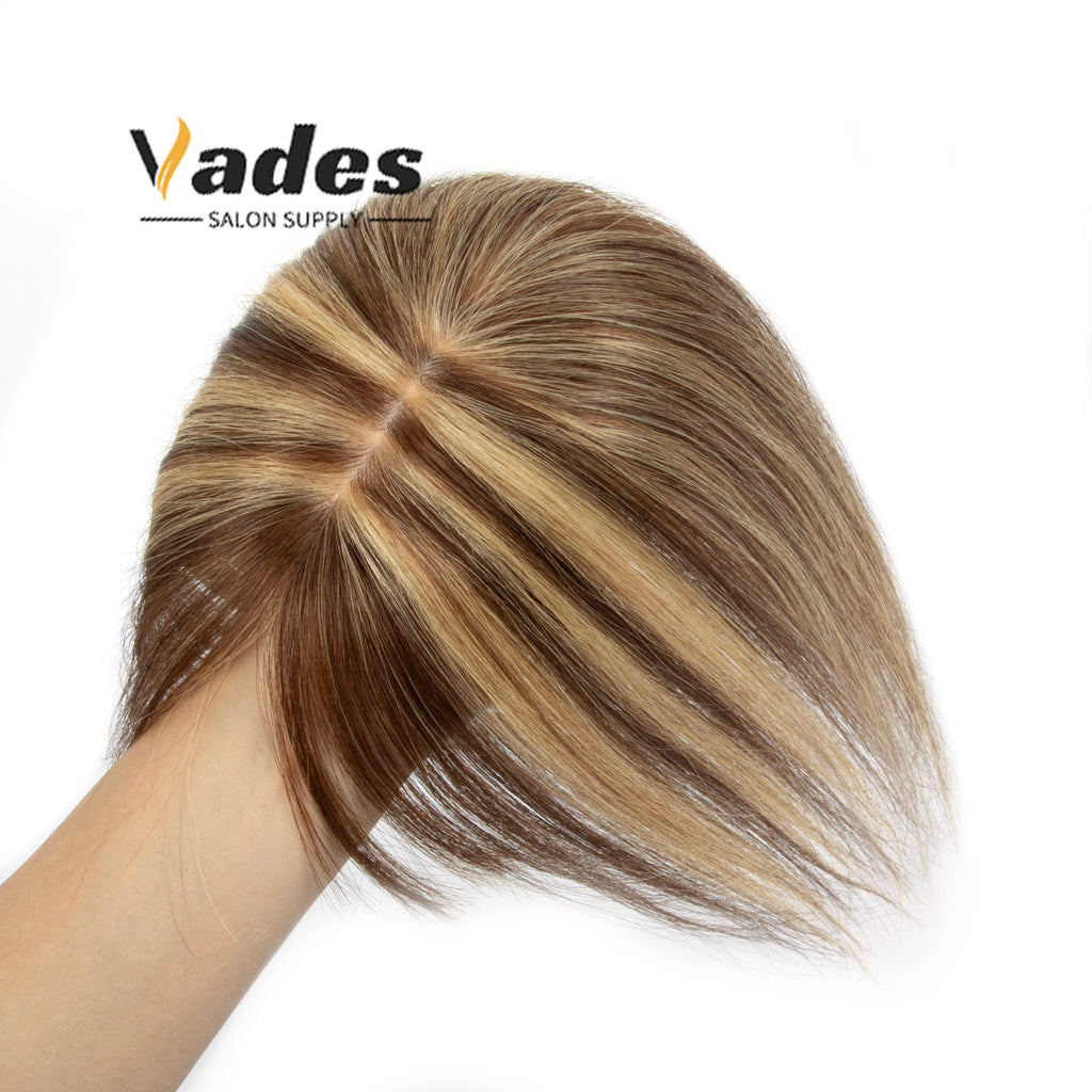 Human Hair Topper with Bangs Hand-Tied Thin 
5 * 9cm Base Light Weight Clip