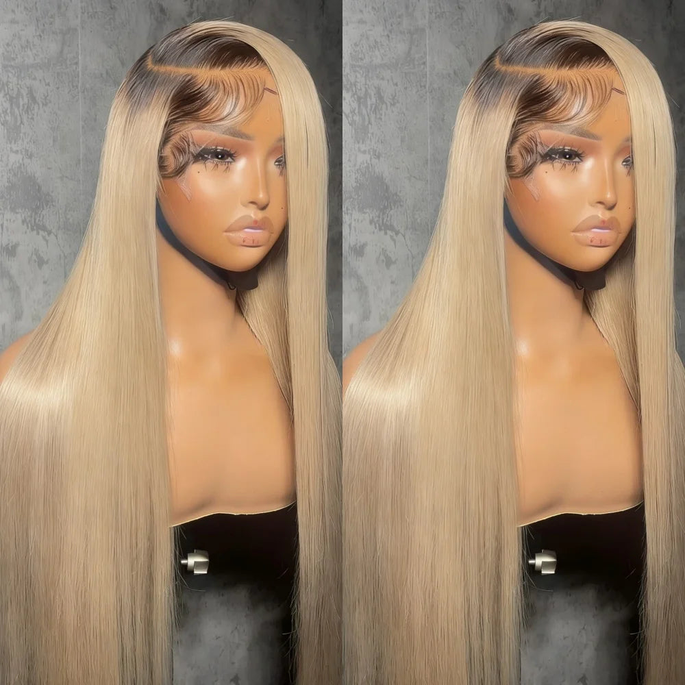 Ombre Brown Roots Ash Blonde Wig 13x4 H
Straight Lace Front Wig Human Hair 200 Density Human Hair Wig