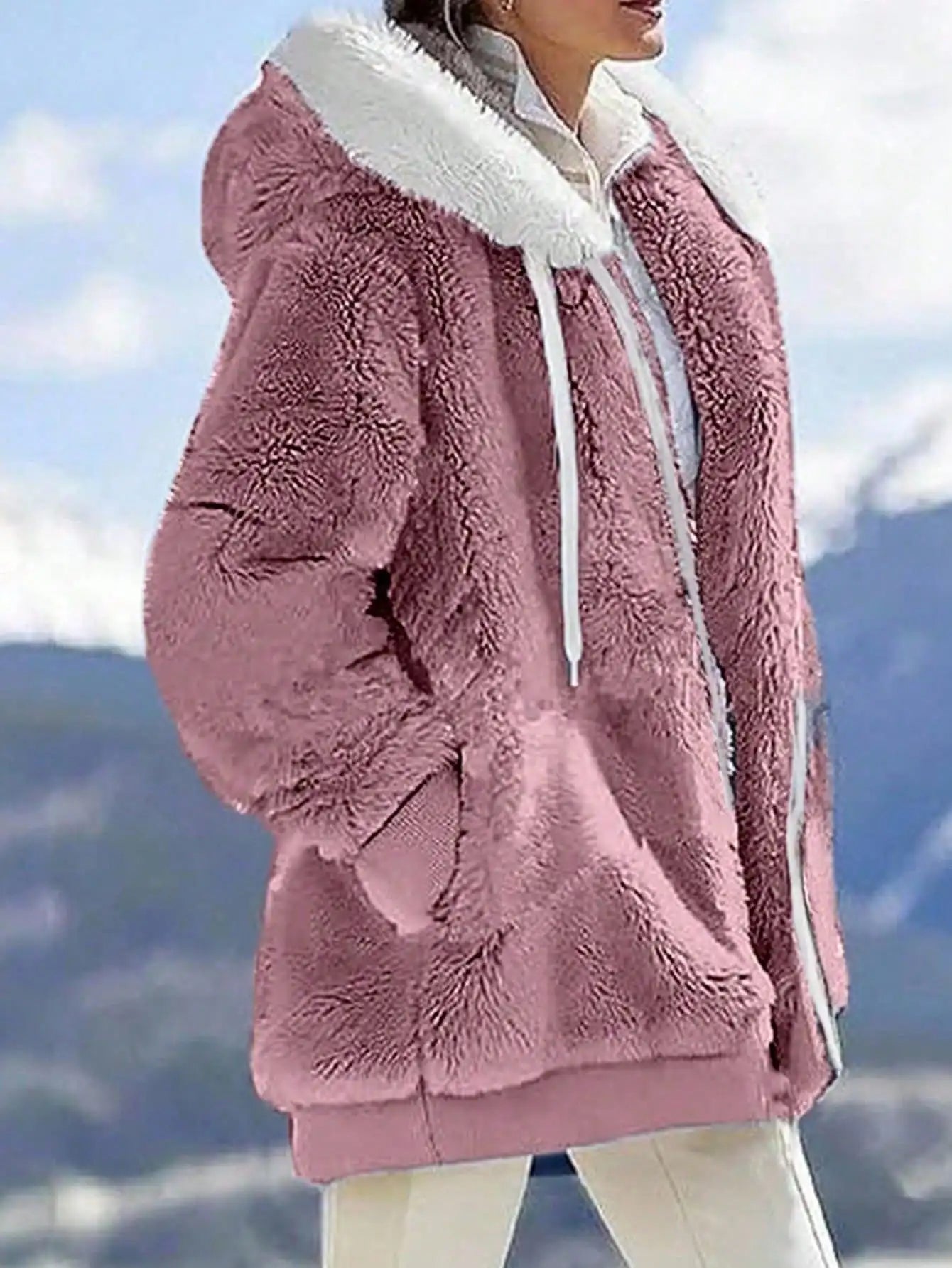 Loose Plush Zipper Hooded Jacket For Women