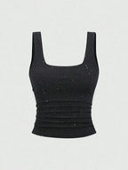 Black Square Neck Ruched Slim Fit, Stretch