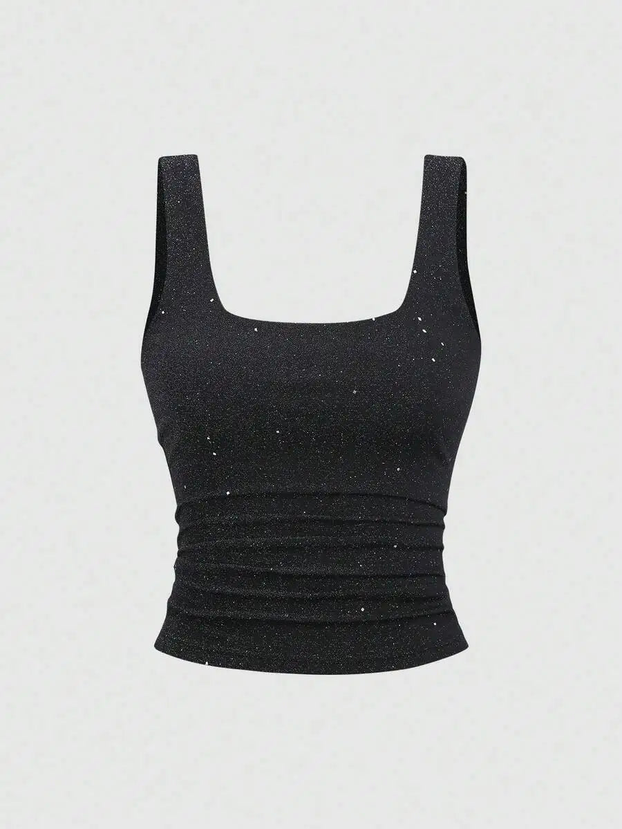 Black Square Neck Ruched Slim Fit, Stretch