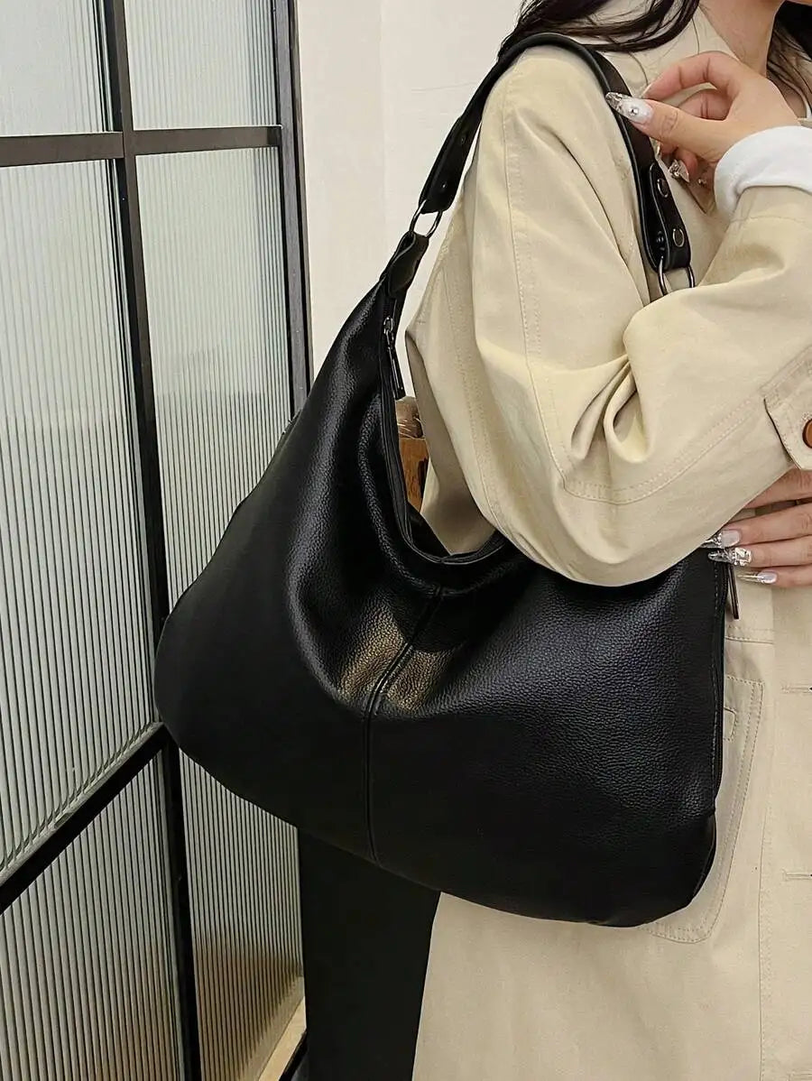 Black Faux Leather Shoulder Bag  Zipper Closure