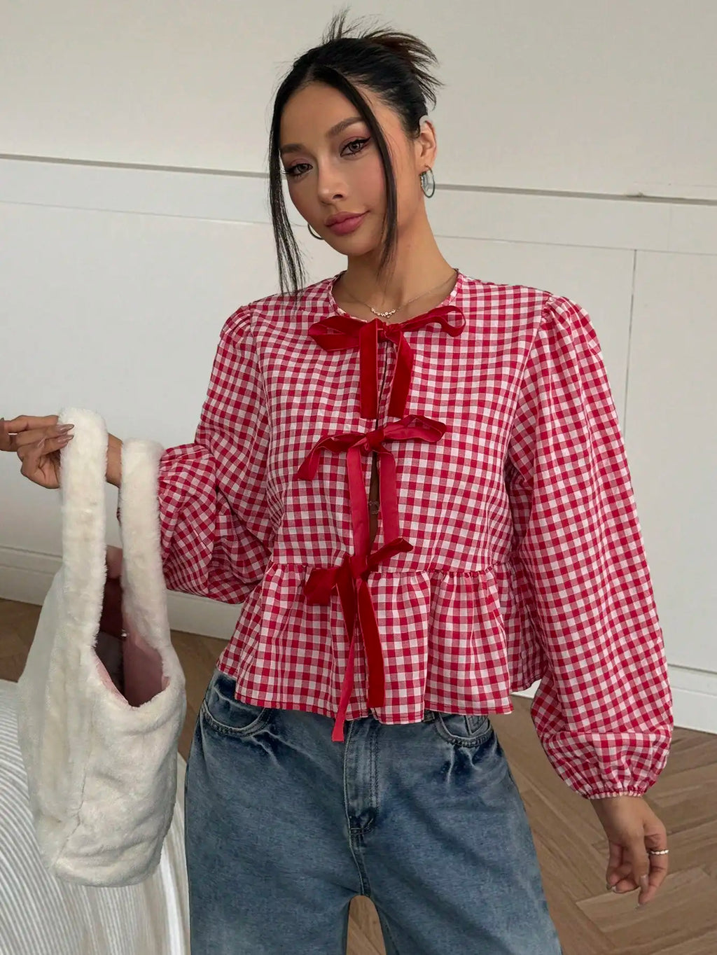 Red & White Gingham Blouse Bow Tie Front Puff Sleeves