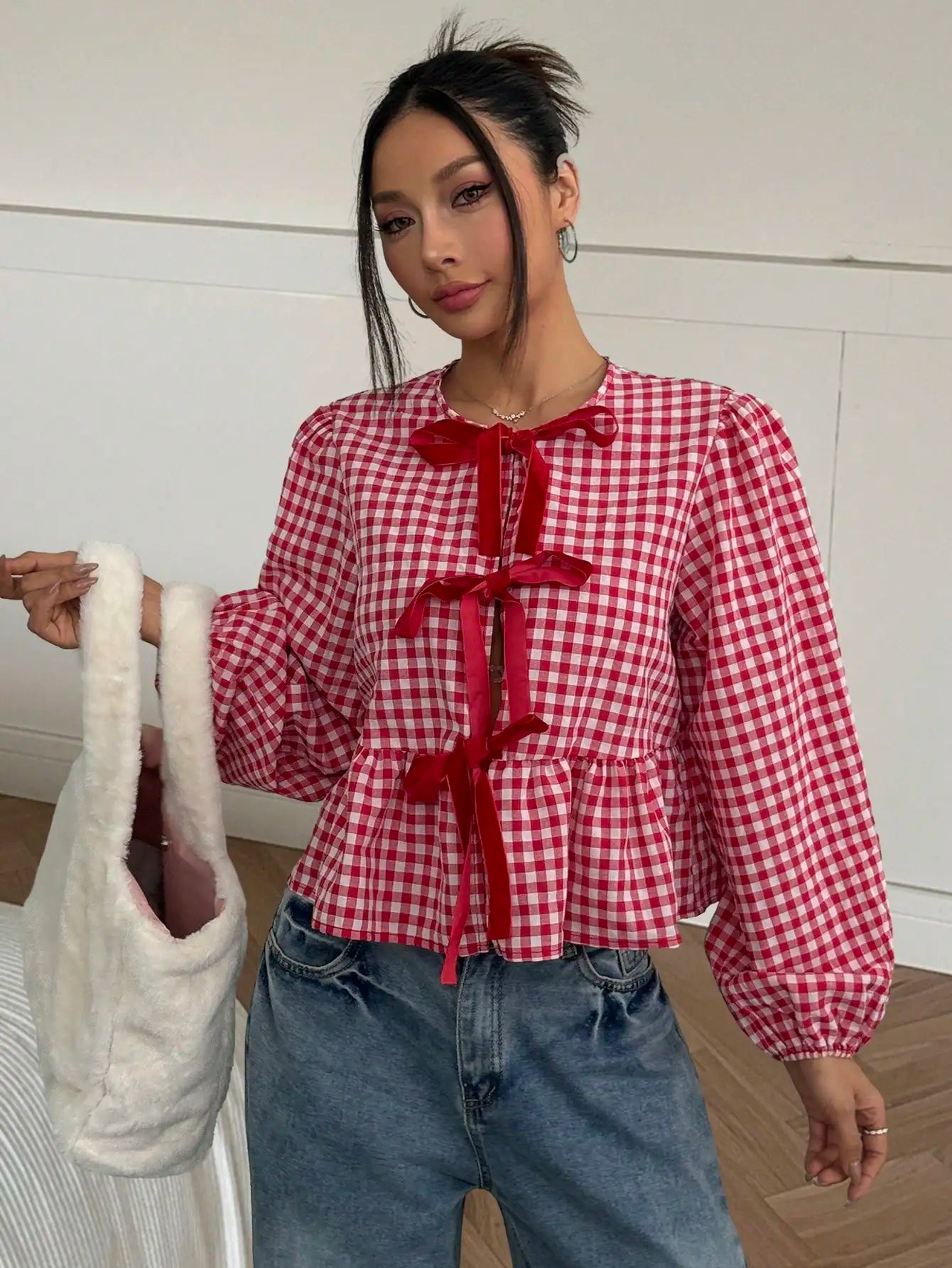 Red & White Gingham Blouse Bow Tie Front Puff Sleeves