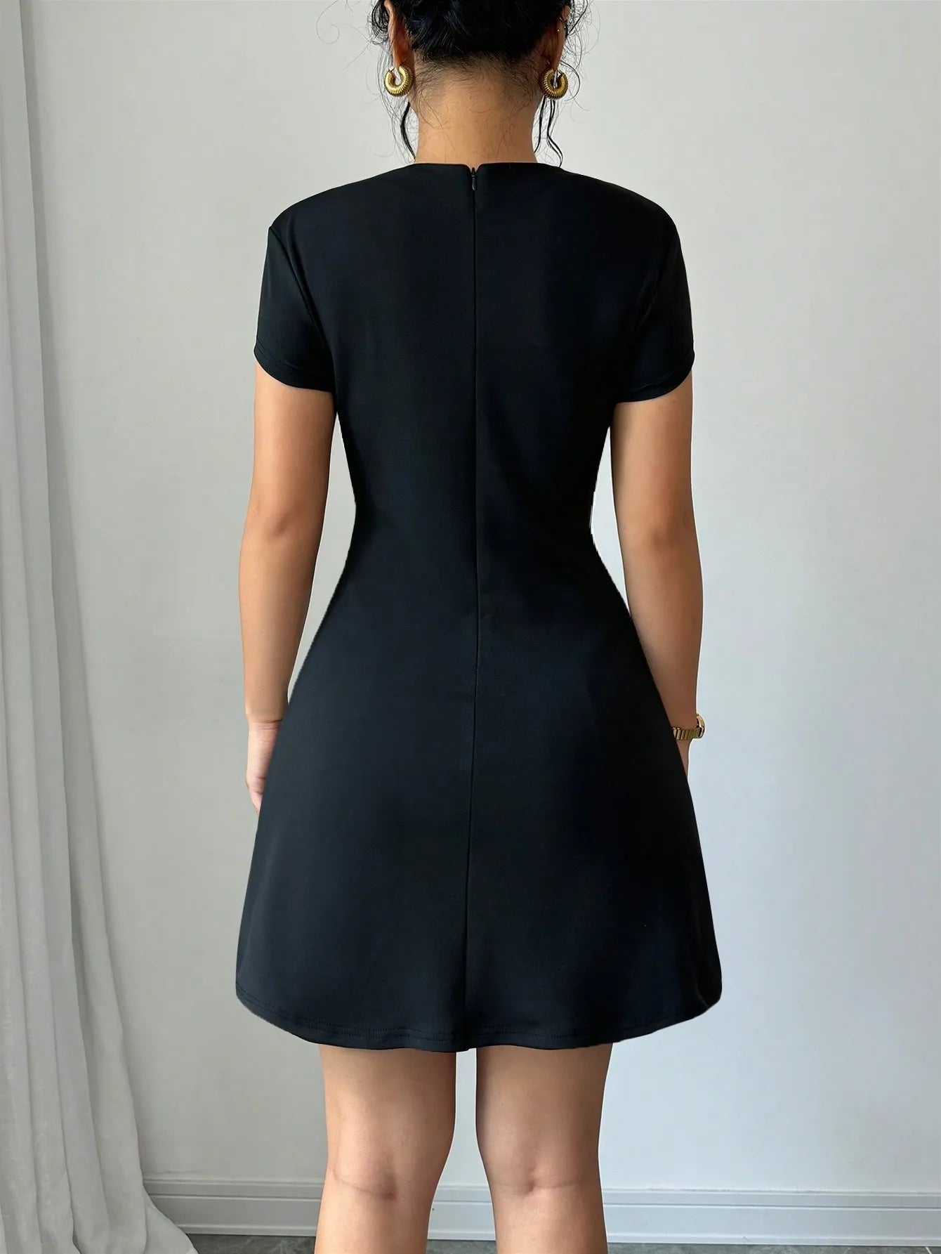 Black Solid Stand Collar Short Sleeve Mini Dress