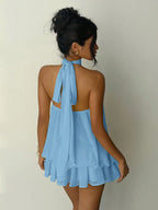 Light Blue Halter Neck Backless Mini Dress  Layered Ruffles