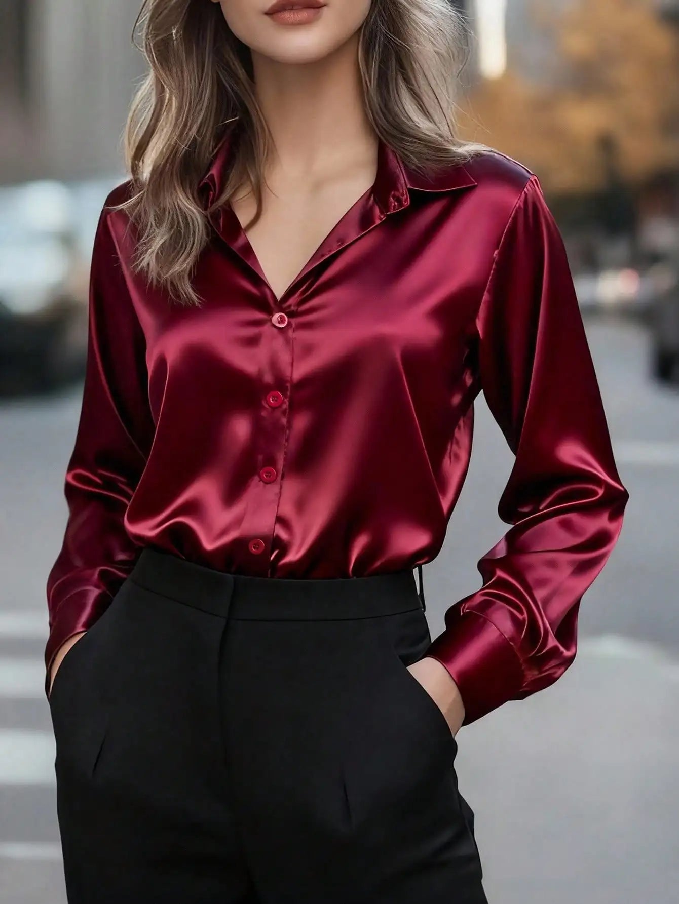 Women's Satin Button-Up Blouse, Elegant Collared Shirt