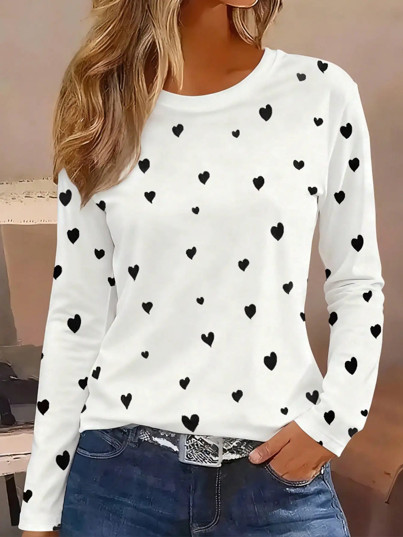 Women's Long Sleeve Butterfly Print T-Shirt, Round Neck Top
