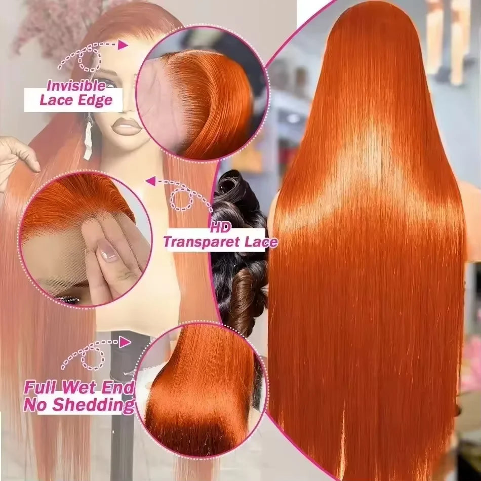 350 Ginger Orange Straight Human Hair Wigs 13X4 Hd Lace Frontal Wigs
 250% Density Pre-plucked Brazilian Human Hair Wig For Women