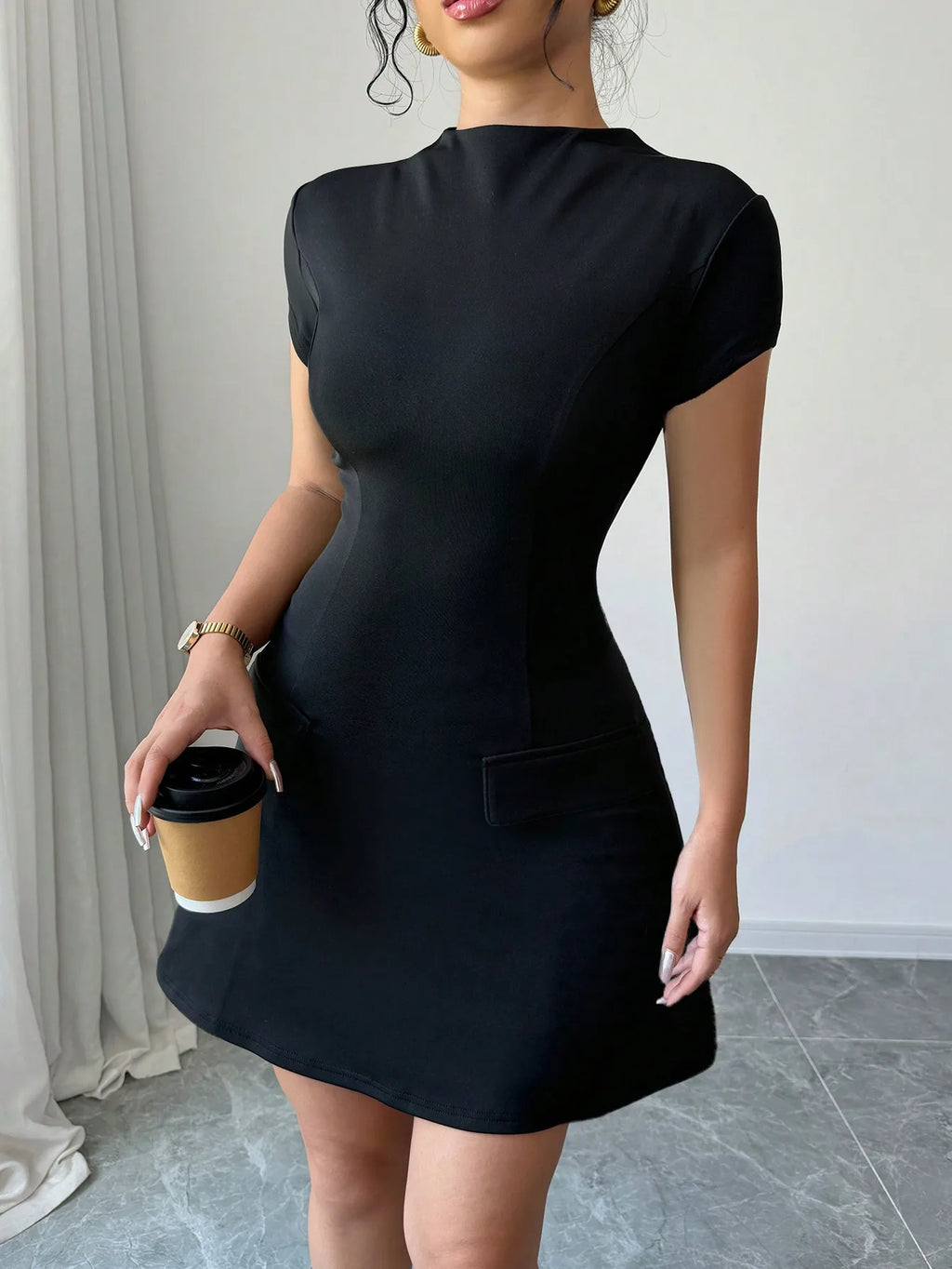 Black Solid Stand Collar Short Sleeve Mini Dress