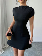 Black Solid Stand Collar Short Sleeve Mini Dress