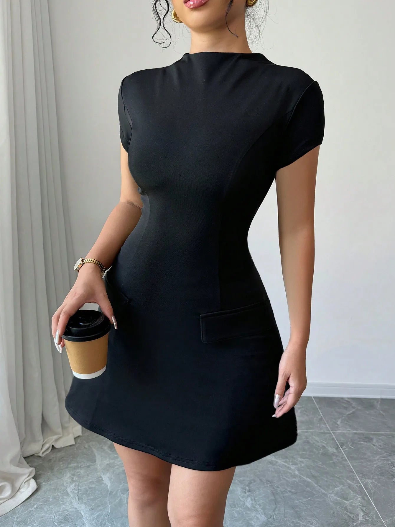 Black Solid Stand Collar Short Sleeve Mini Dress