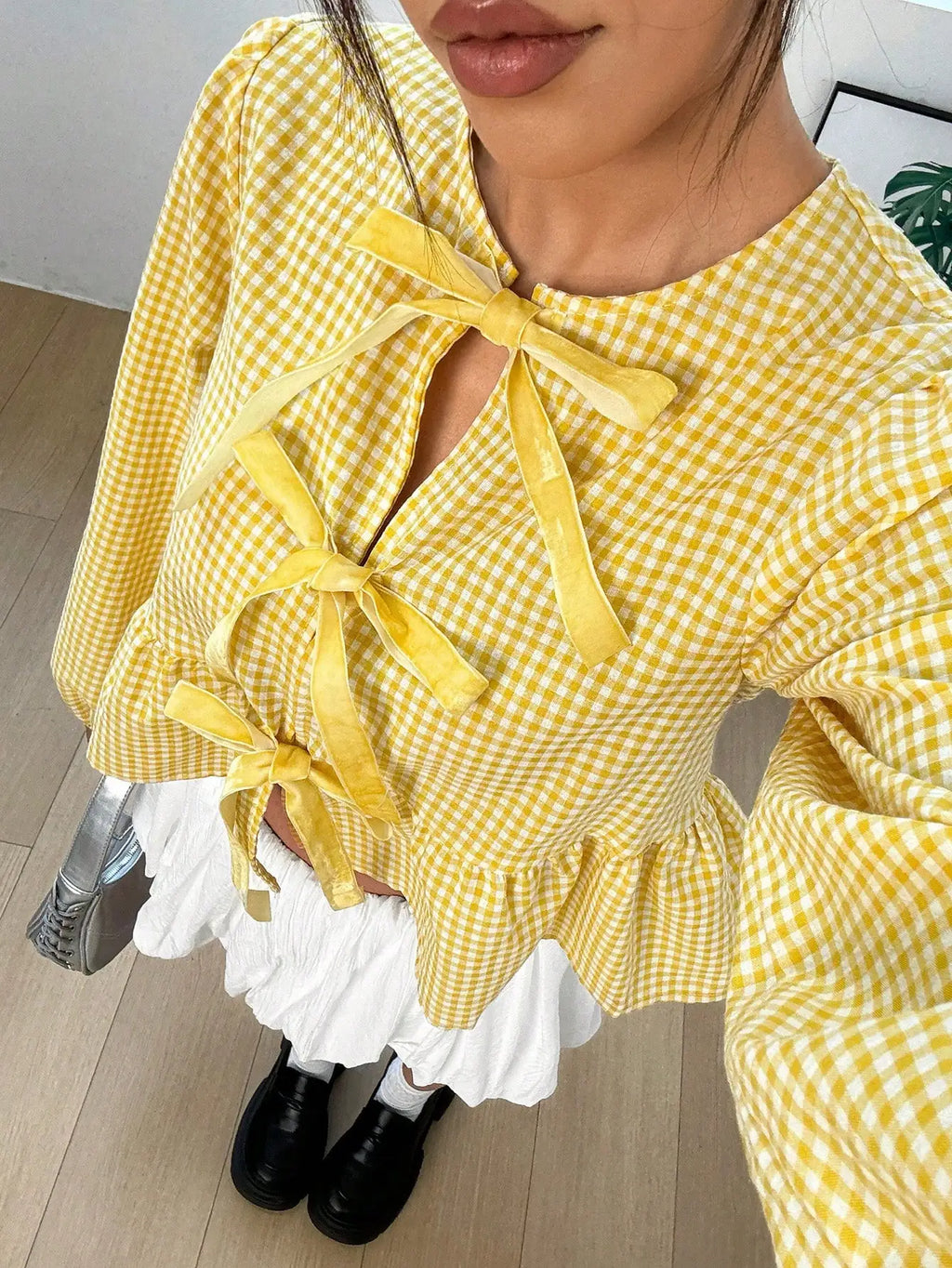 Red & White Gingham Blouse Bow Tie Front Puff Sleeves