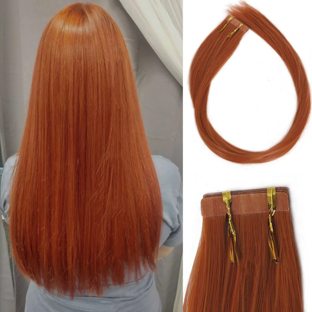 Seamless Invisible Tape in Red Hair Extensions for Women 24 inch Straight 
Colored Soft Synthetic Hair for Party Halloween Use
