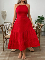 Red Plus Size Halter Maxi Dress with Ruffle Hem