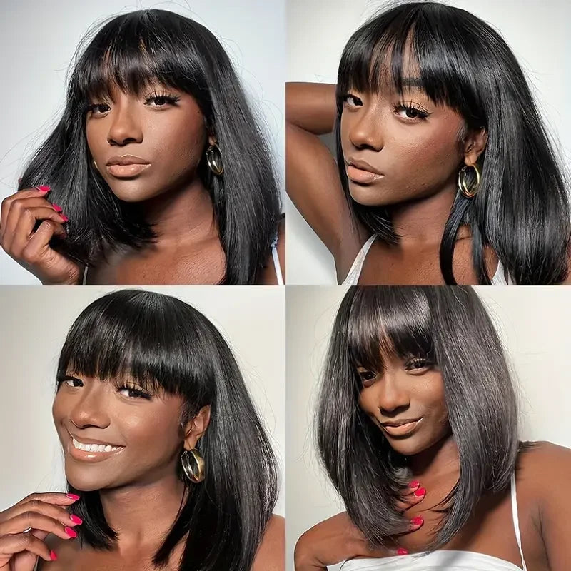 Straight Human Hair Wigs Bangs  Realistic Scalp