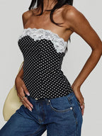 Lace Tops with Polka Dot Print Strapless Fit Zip Up