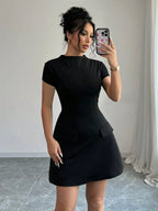 Black Solid Stand Collar Short Sleeve Mini Dress