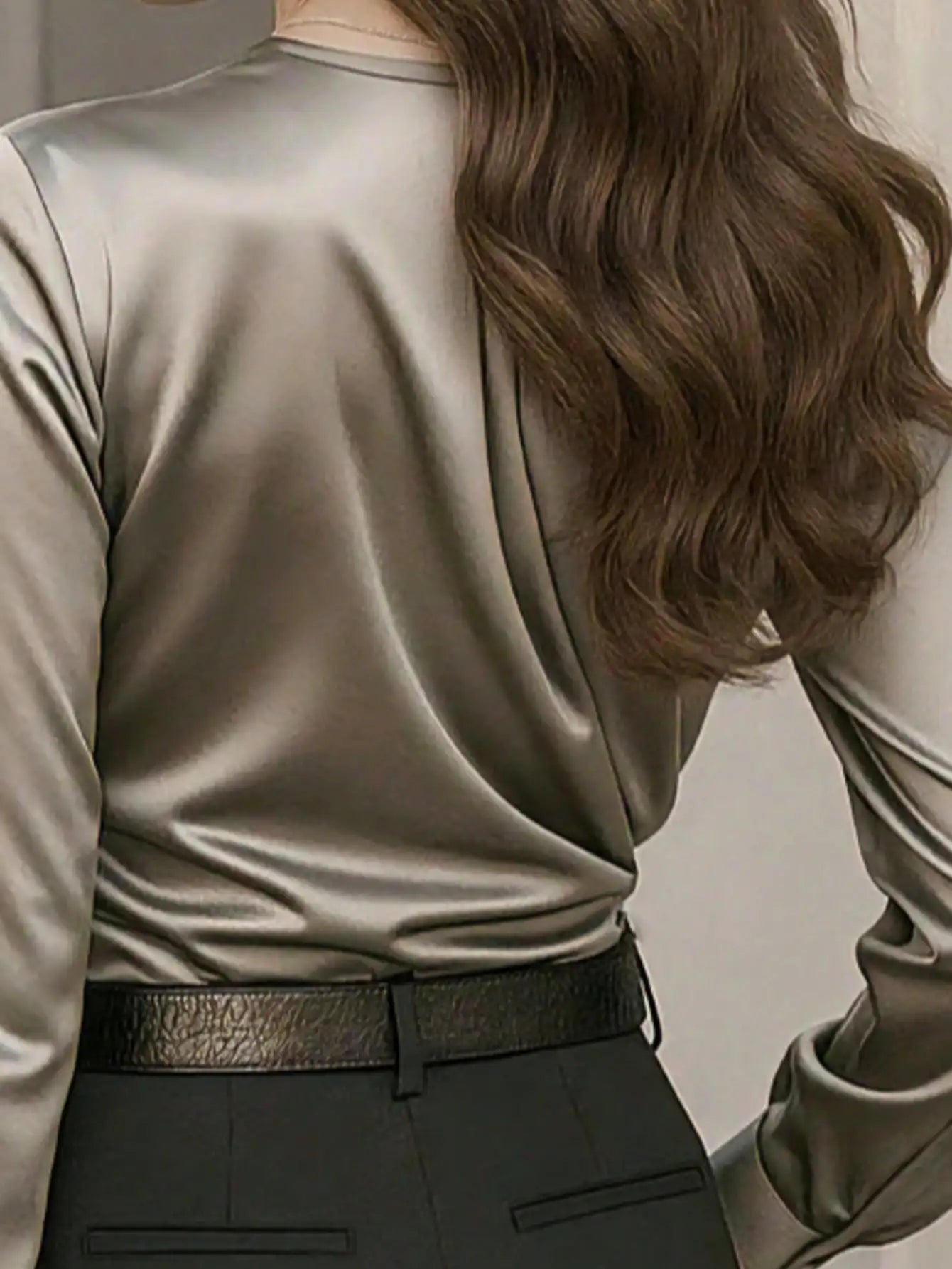 Solid Color Thick Satin Cross Front Long Sleeve Blouse