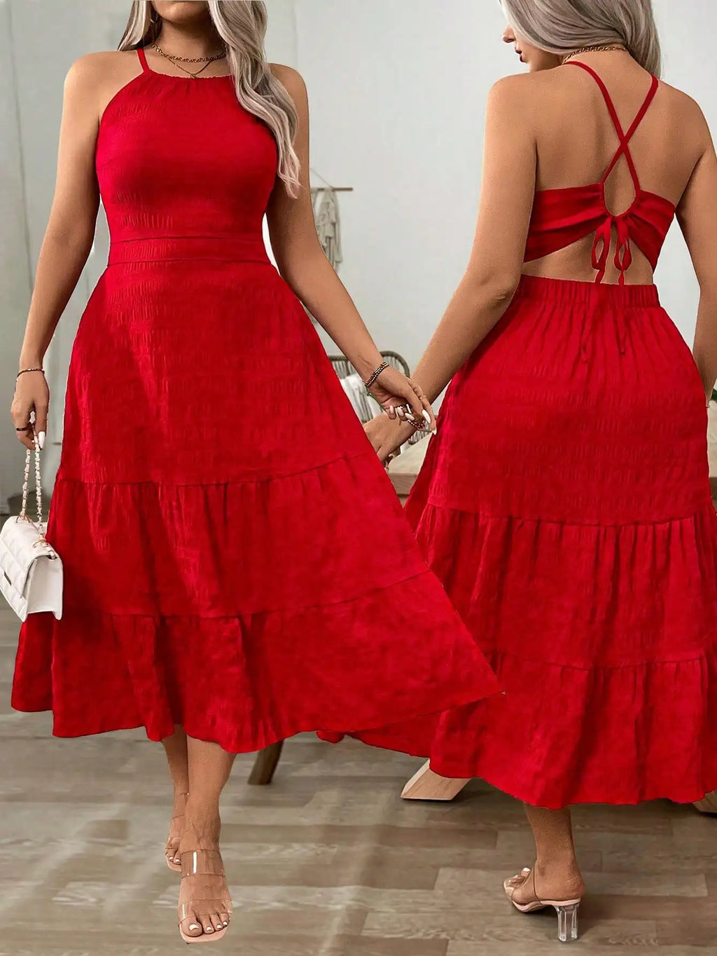 Red Plus Size Halter Maxi Dress with Ruffle Hem