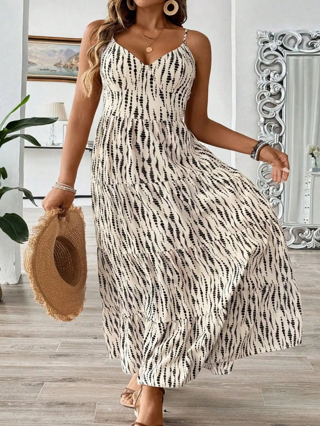 Boho Plus Size Maxi Dress with Back Tie & Tiered Skirt for Summer Beach Vacations