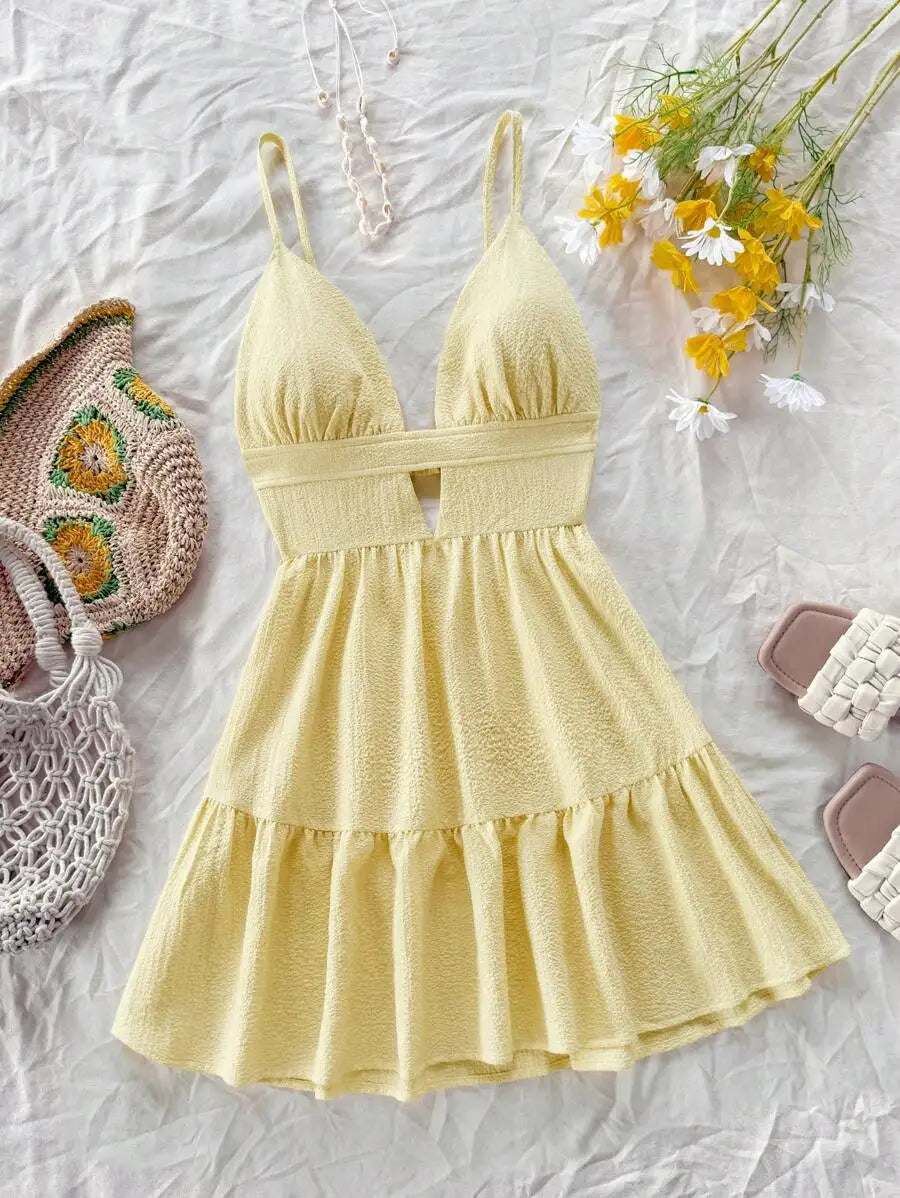 Black V-Neck Sleeveless Backless Summer Dress for Women, Casual Beach Party Wear