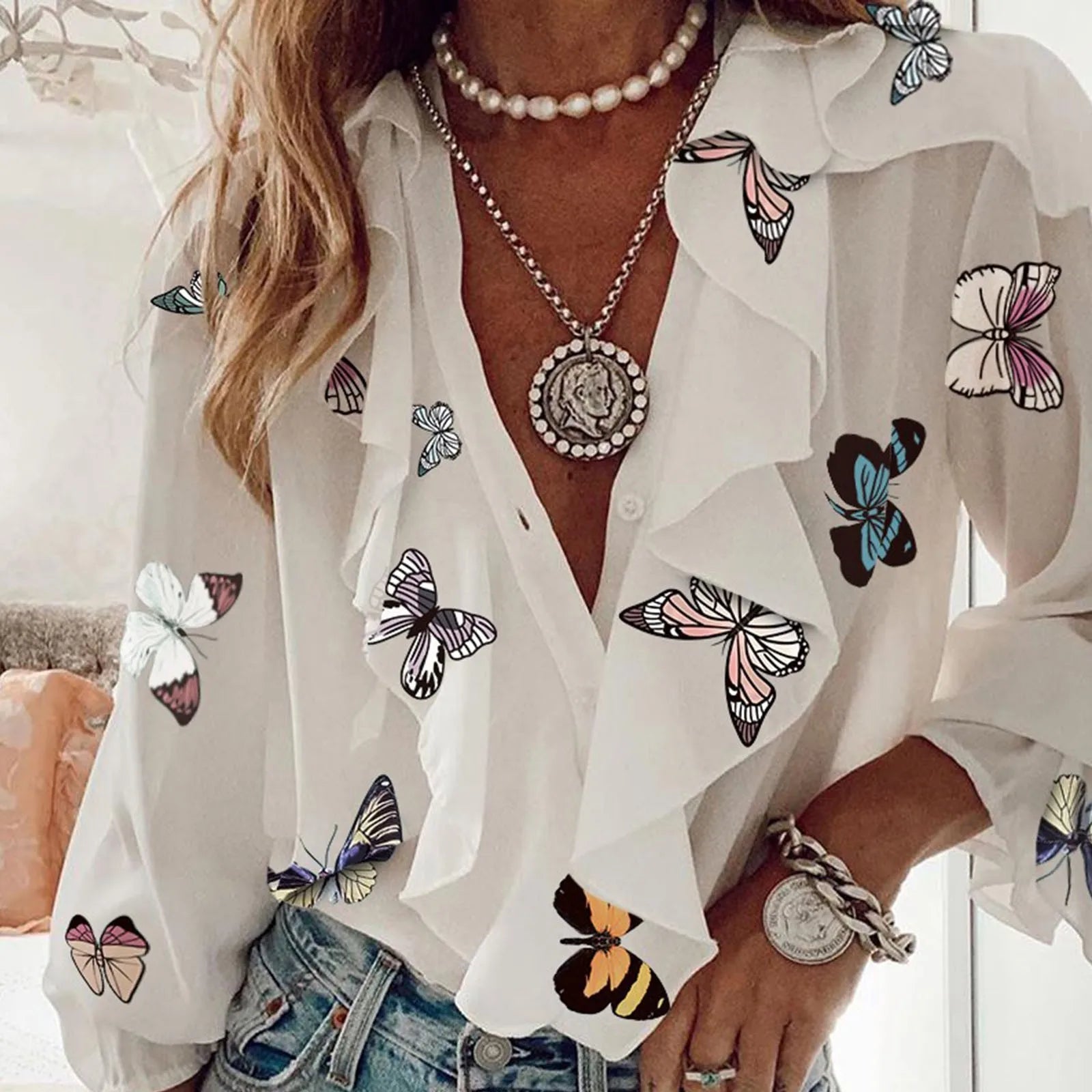 Summer Blouses For Women  Ruffle  Long Sleeve Loose