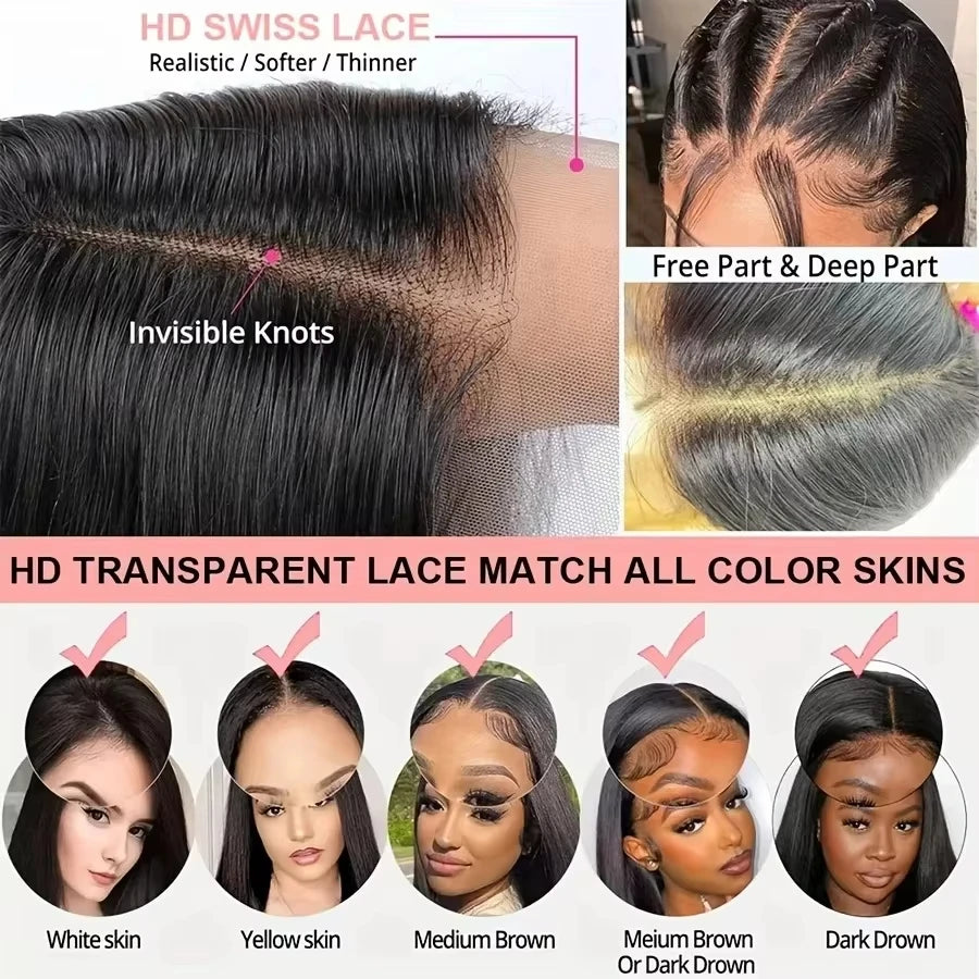Human Hair Brazilian 4x4 Glueless Put on and go Wig
 36 38 40 Inch 13x4 13x6 HD Transparent Bone Straight Lace Frontal