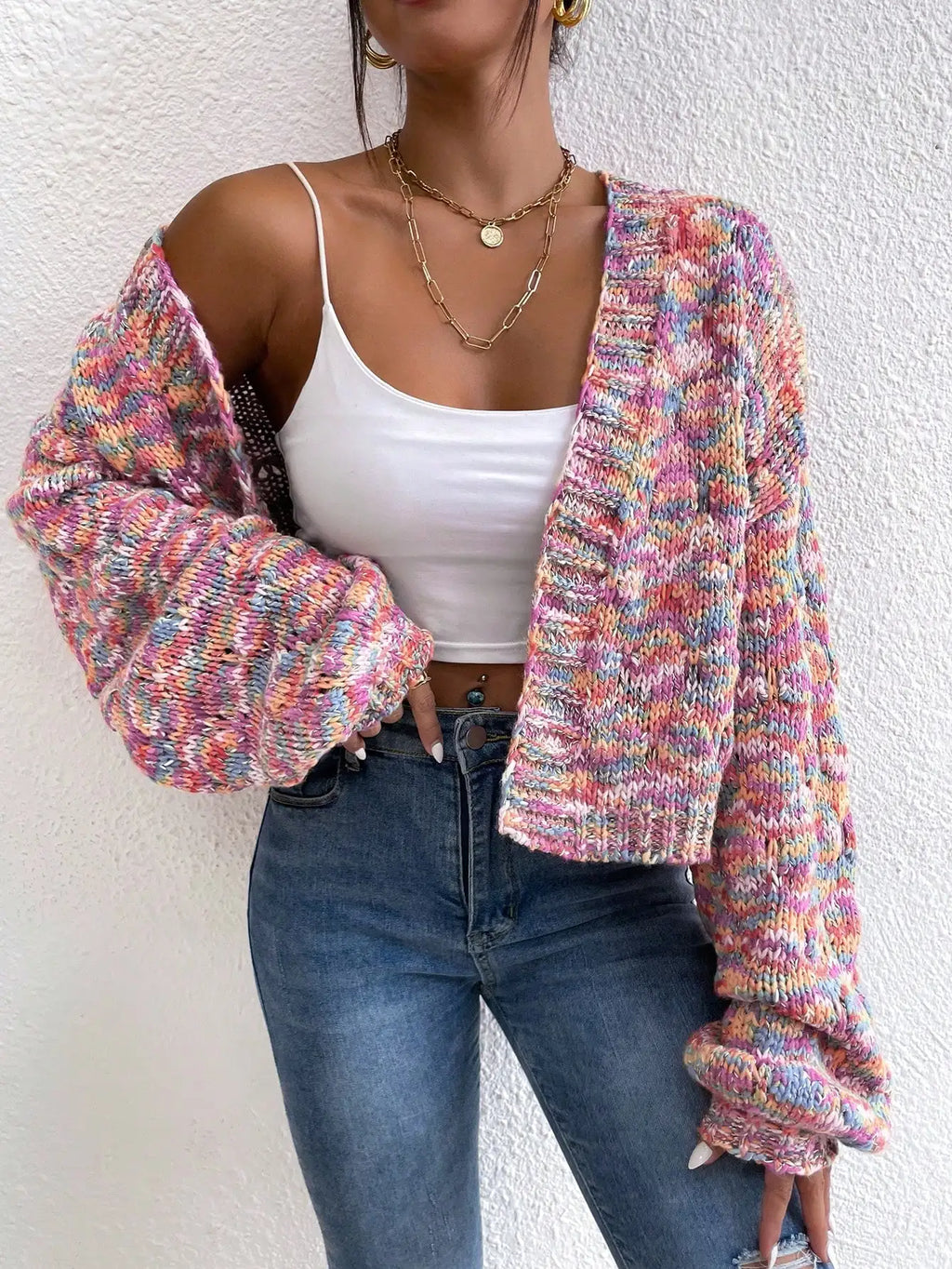 Multicolor Knit Cardigan Abstract Pattern, Long Sleeve Casual FOR Women