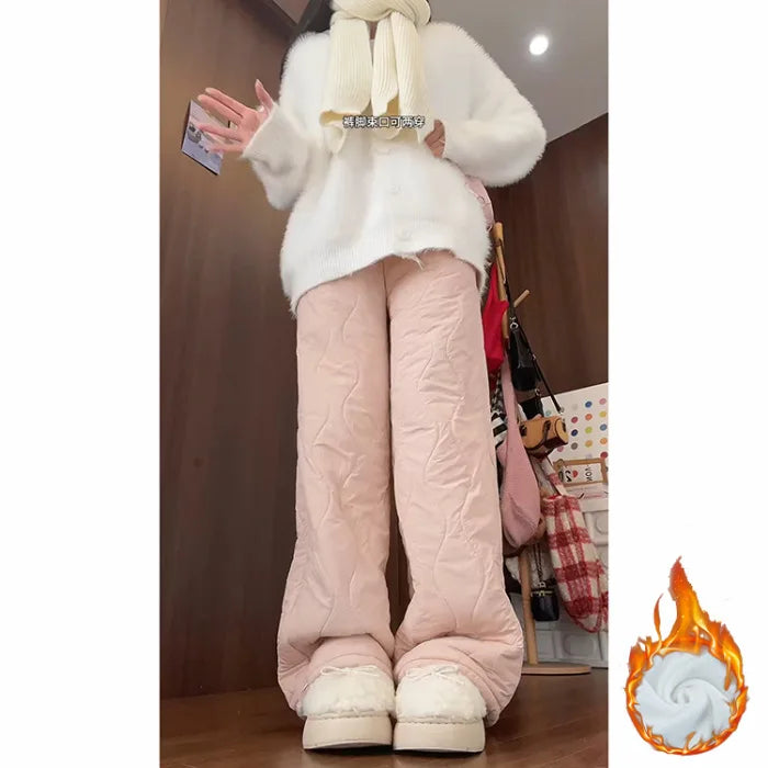 Blue Velvet Fleece Lined Casual Wide Leg Pants Women's