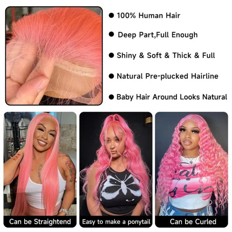 Pink Human Hair Wig Colored Body Wave Lace Front Wig
 13X6 Lace Frontal Wig 250 Density Brazilian Wig Original 40 Inch Natural