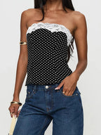 Lace Tops with Polka Dot Print Strapless Fit Zip Up