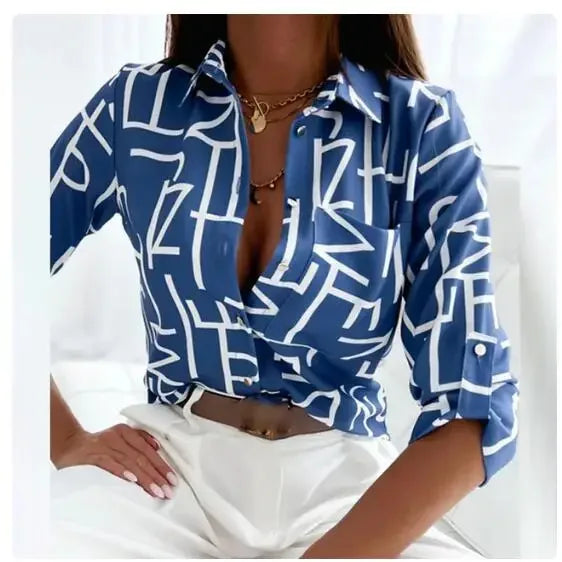 Long Sleeve Lapel Slim Women Multicolor Printed Shirts