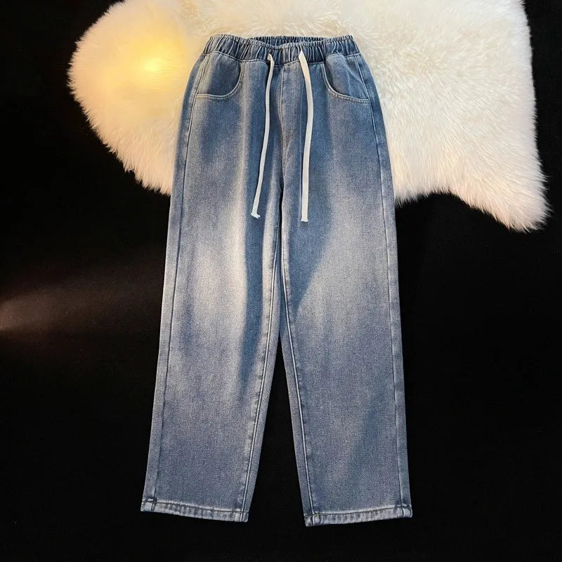 Fleece Lined Thickened Jeans Elastic Waist