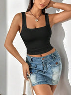 Black Square Neck Ruched Slim Fit, Stretch