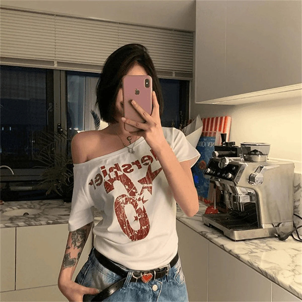 Y2k Sport Off shoulder Top Women Short sleeve T shirt