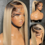 Ombre Brown Roots Ash Blonde Wig 13x4 H
Straight Lace Front Wig Human Hair 200 Density Human Hair Wig