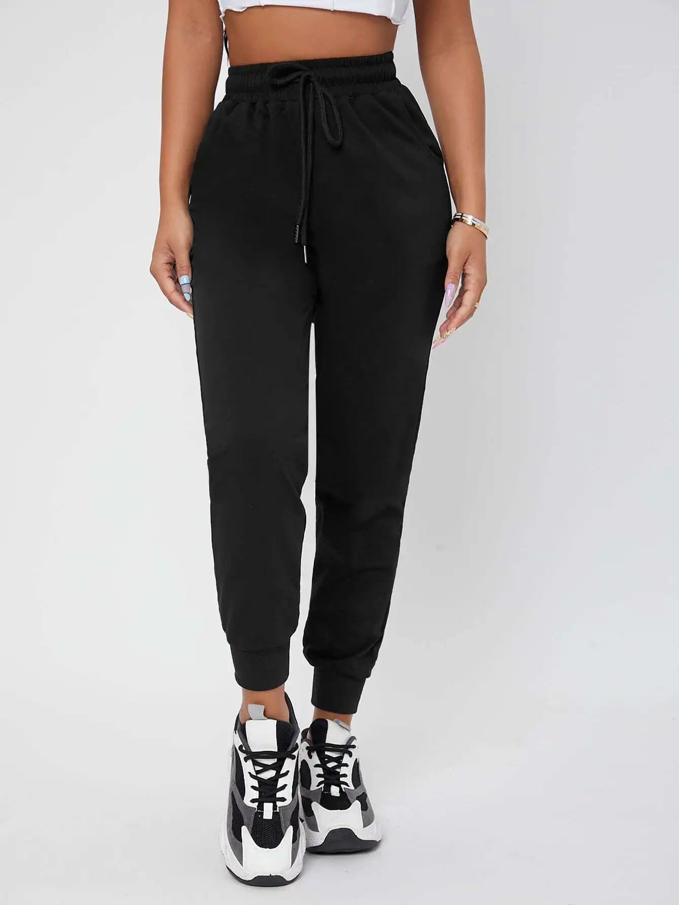 Black Drawstring Waist Jogger Pants with Elastic Cuffs
