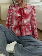 Red & White Gingham Blouse Bow Tie Front Puff Sleeves