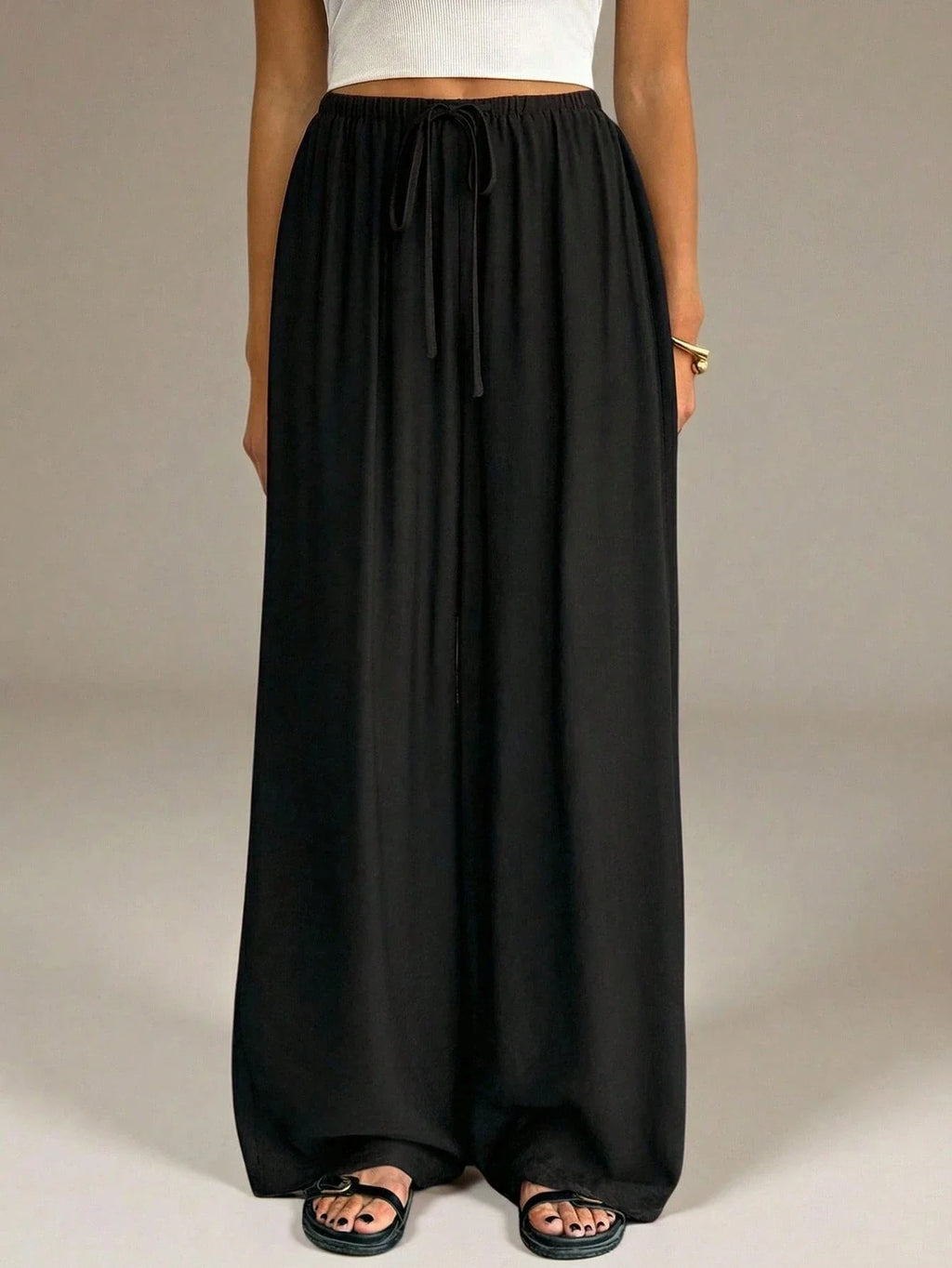 Women Wide Leg Pants Casual High Waist Elastic Drawstring Black