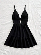 Black V-Neck Sleeveless Backless Summer Dress for Women, Casual Beach Party Wear