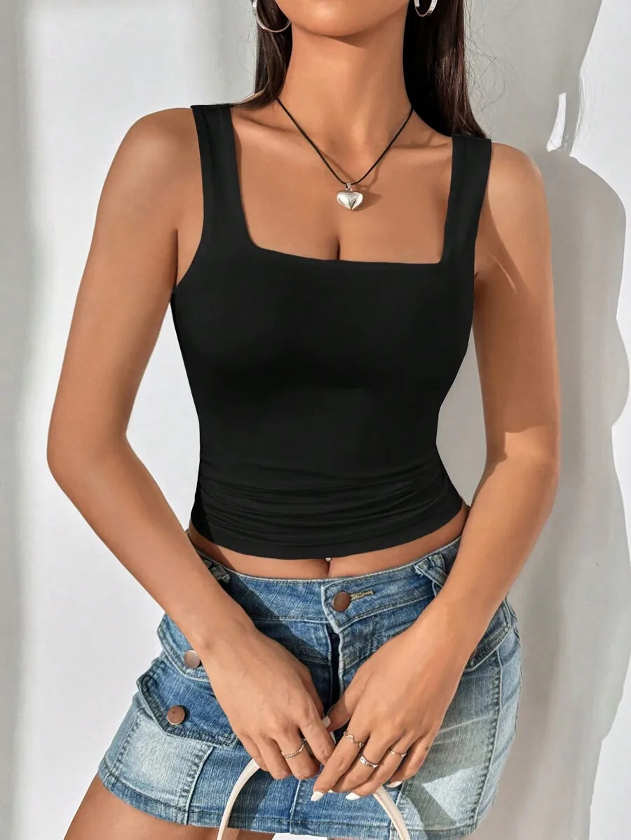 Black Square Neck Ruched Slim Fit, Stretch