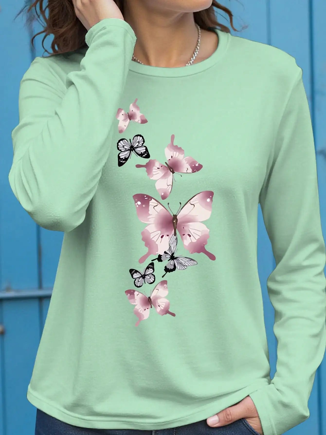 Women's Long Sleeve Butterfly Print T-Shirt, Round Neck Top