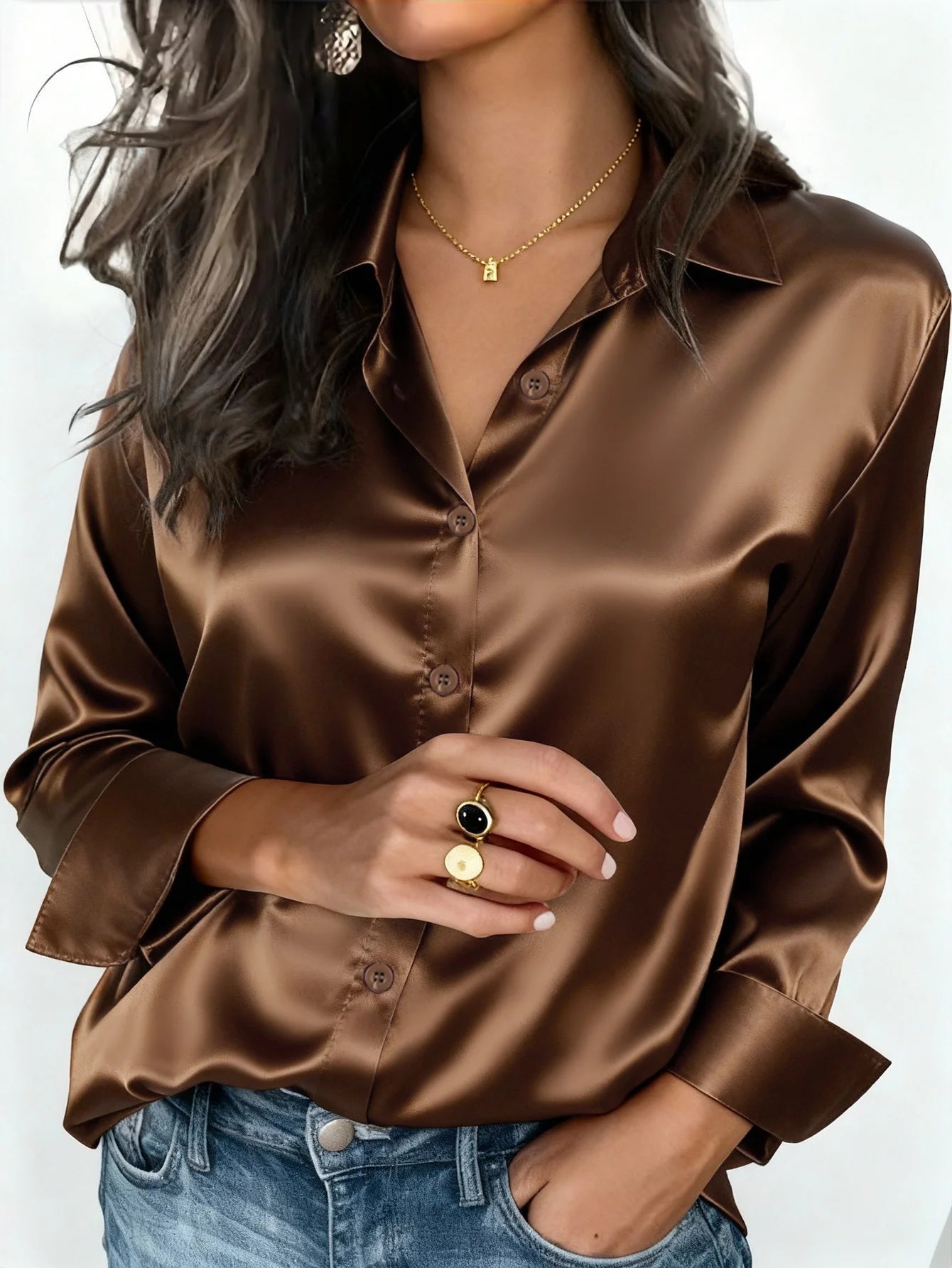 Women's Satin Button-Up Blouse, Elegant Collared Shirt