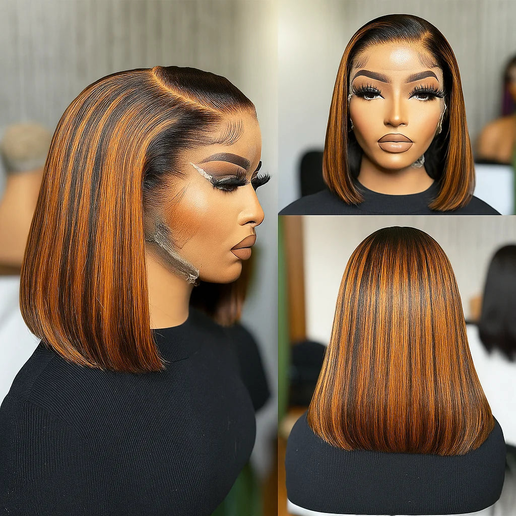 Highlight Colored 13x4 Lace Frontal Wigs Silky Straight Human Hair
  Front Short Bob Wigs Pre Cut Glueless Straight Bob Wigs