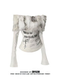 Luxury Fur Graphic Long sleeve T shirt Off shoulder White Shirt
