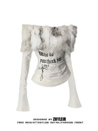 Luxury Fur Graphic Long sleeve T shirt Off shoulder White Shirt