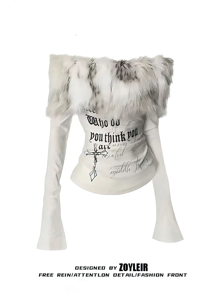 Luxury Fur Graphic Long sleeve T shirt Off shoulder White Shirt